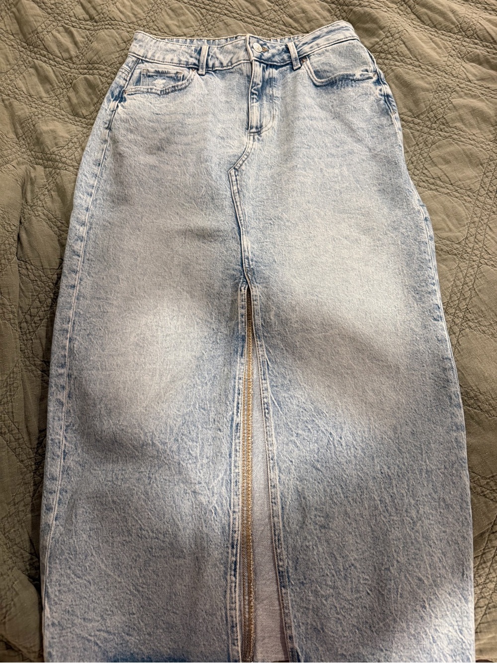 Light Wash Denim Midi Skirt with Front Zip
